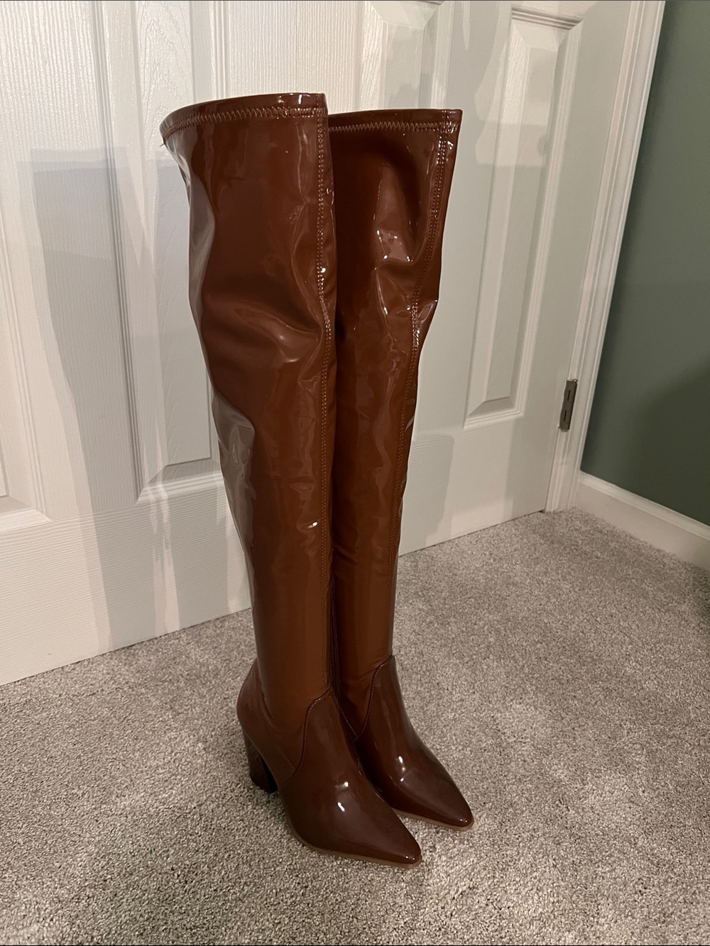 Jennifer Lopez Patent Brown Over-the-Knee Pointed-Toe Boots